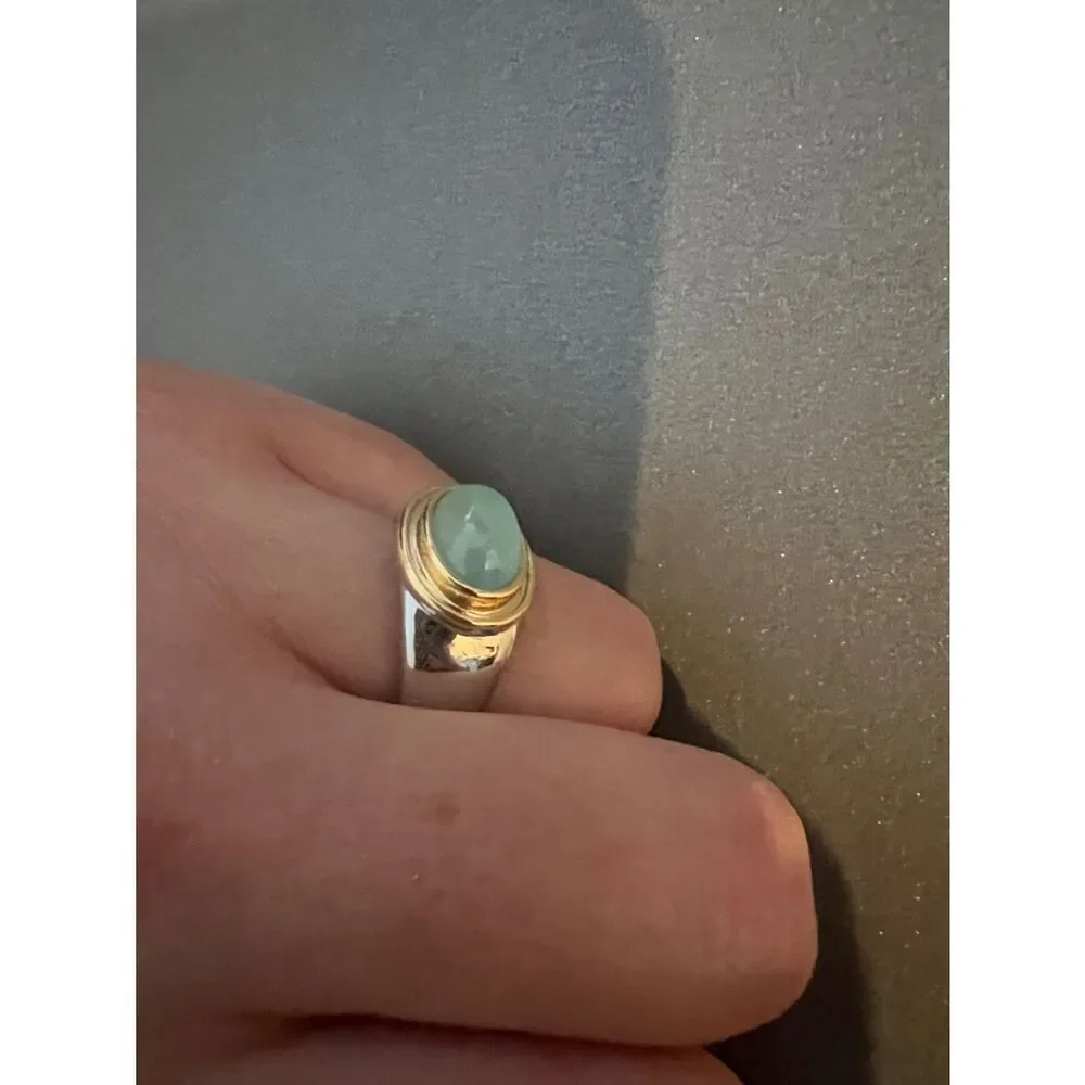 Free People Two-Tone Silver Ring with Light Aqua Cabochon R 468